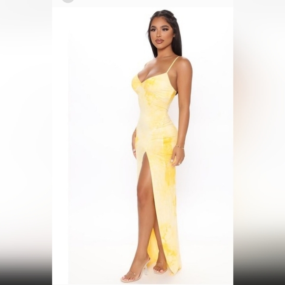 Yellow Spaghetti-Strap Maxi Dress with Front Slit 16 inch p2p 59 inch long - Picture 3 of 4